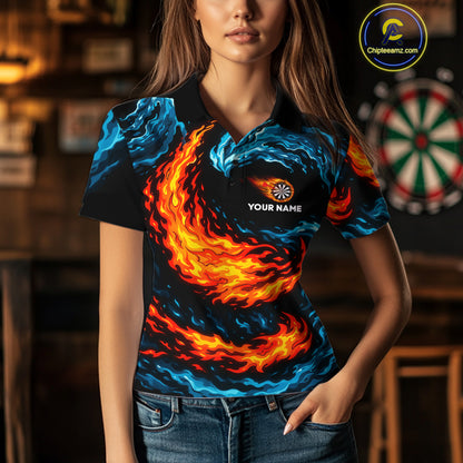 Personalized Blue And Orange Flame Darts Shirt For Women | Custom Storm Fire Team Darts Jersey TDM4274