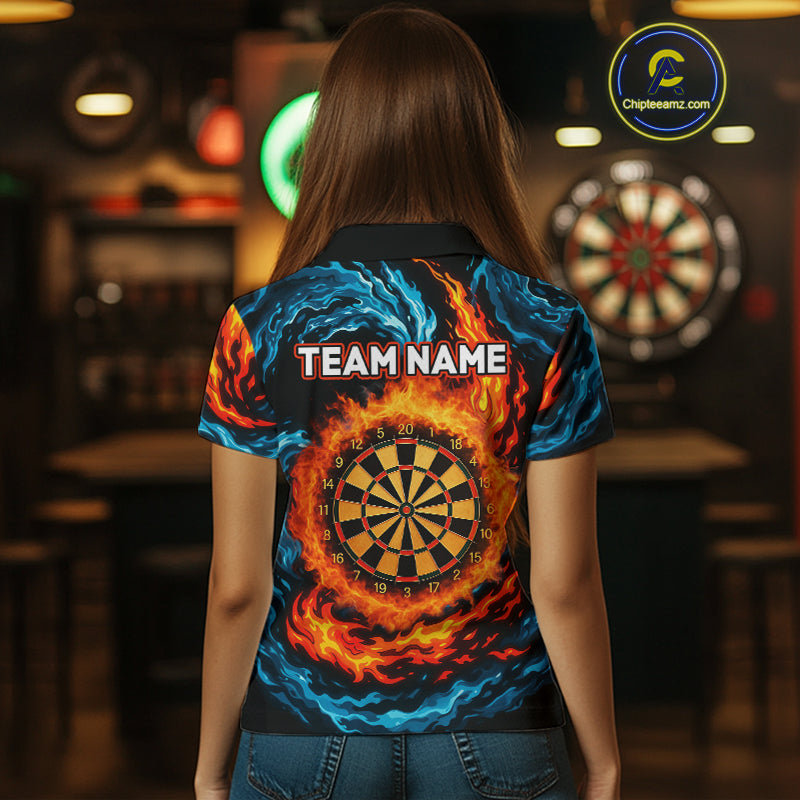 Personalized Blue And Orange Flame Darts Shirt For Women | Custom Storm Fire Team Darts Jersey TDM4274