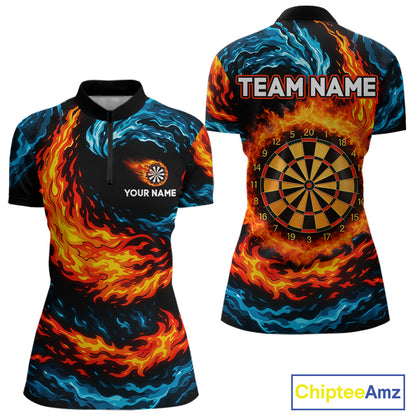 Personalized Blue And Orange Flame Darts Shirt For Women | Custom Storm Fire Team Darts Jersey TDM4274