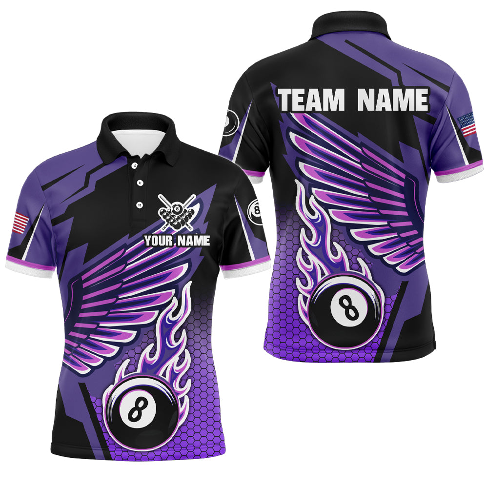 Personalized Billiard Purple Cool Wing Men Polo & Quarter-Zip Shirts, 8 Ball Pool Jersey Shirts TDM1722