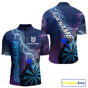 Custom Purple Blue Lightning Strike Dart Shirts For Men, Darts Team Jersey Polo & 1/4 Zip Outfit TDM4140