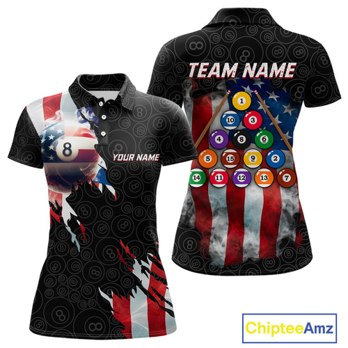 American Flag 8 Ball Billiard Shirts For Women Custom Pool Team Jerseys Polo & Quarter Zip TDM3966