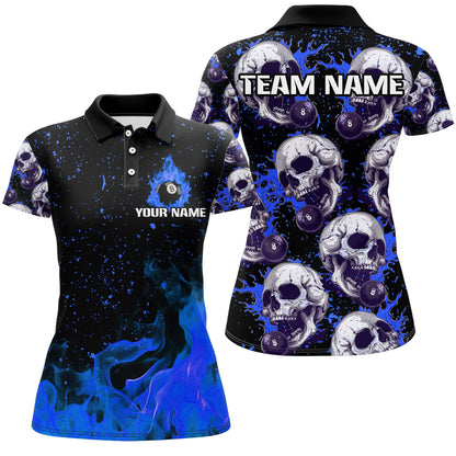 Customized Blue Billiard Skull Fire 8 Ball Women Polo & Quarter-Zip Shirts, Grunge Pool Team Jerseys TDM1747