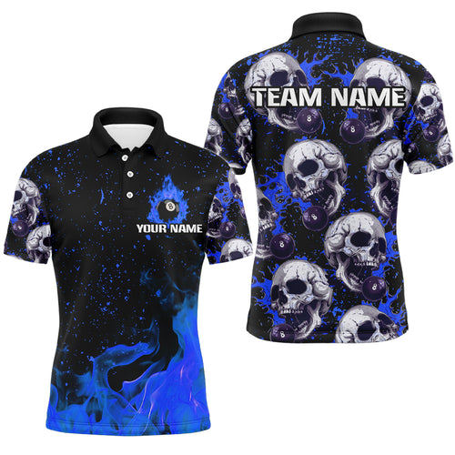 Customized Blue Billiard Skull Fire 8 Ball Men Polo & Quarter-Zip Shirts, Grunge Pool Team Jerseys TDM1747