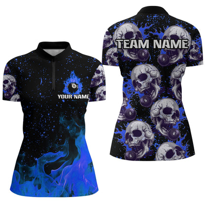 Customized Blue Billiard Skull Fire 8 Ball Women Polo & Quarter-Zip Shirts, Grunge Pool Team Jerseys TDM1747