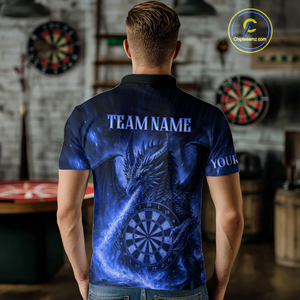 Blue Flaming Dragon Darts Jersey For Men Custom Polo & Quarter Zip Darts League Team Shirt TDM4557
