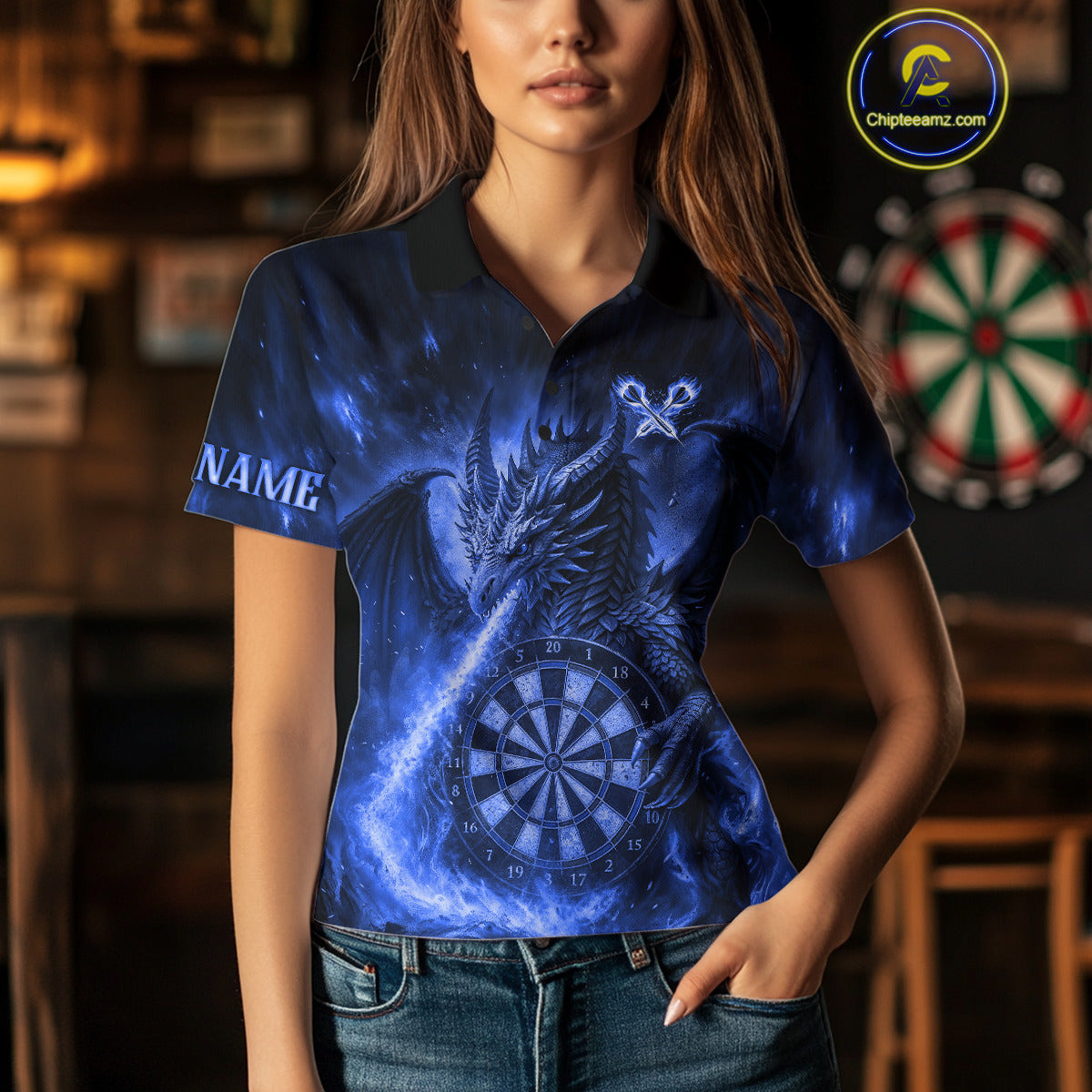 Blue Flaming Dragon Darts Jersey For Women Custom Polo & Quarter Zip Darts League Team Shirt TDM4557