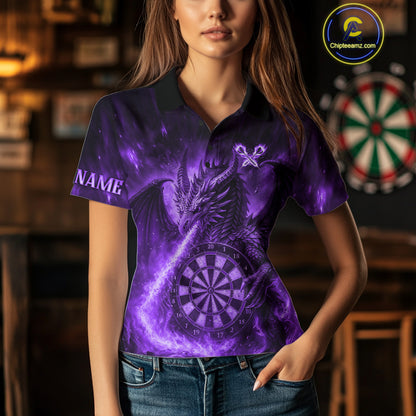 Purple Flaming Dragon Darts Jersey For Women Custom Polo & Quarter Zip Darts League Team Shirt TDM4556