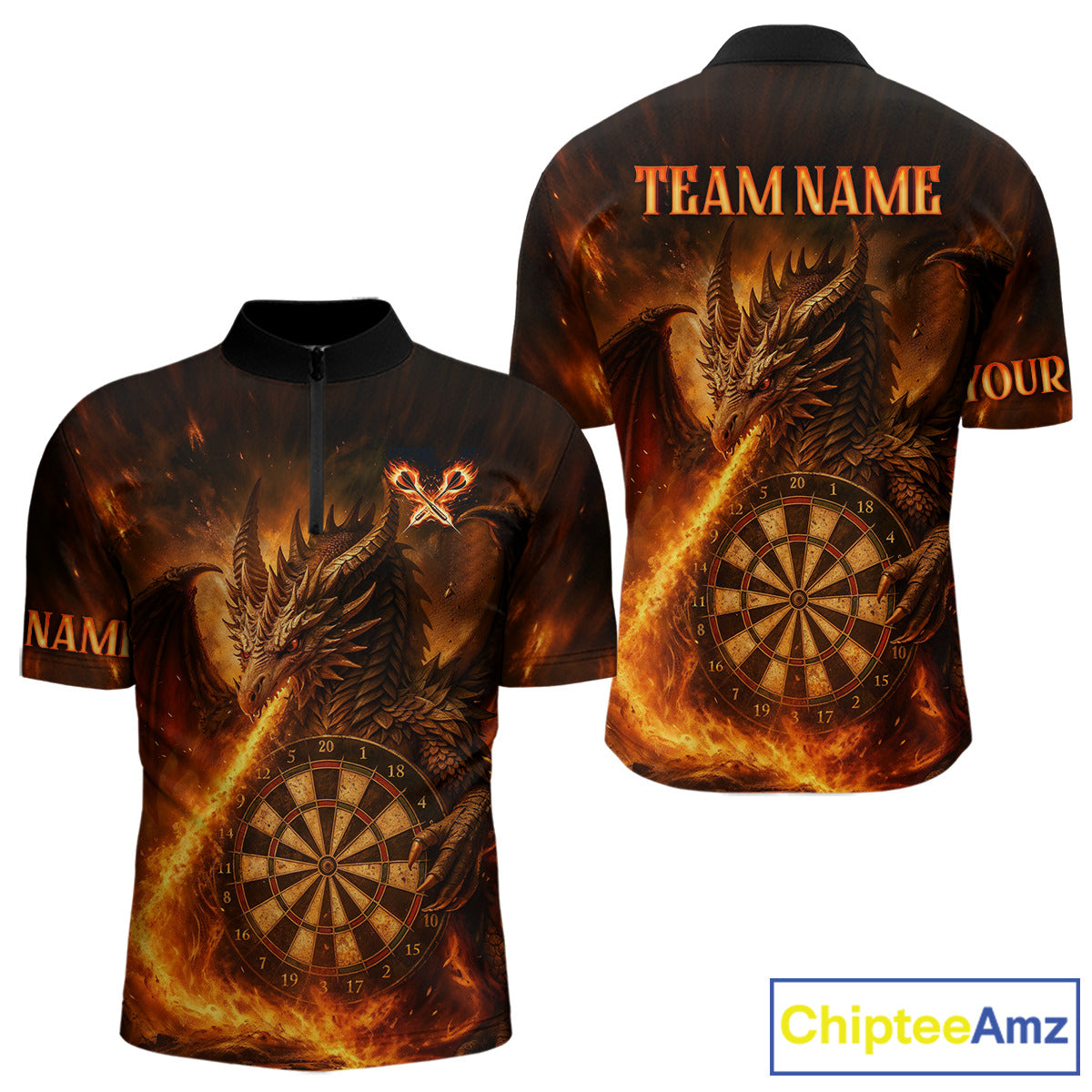 Orange Flaming Dragon Darts Jersey For Men Custom Polo & Quarter Zip Darts League Team Shirt TDM4555