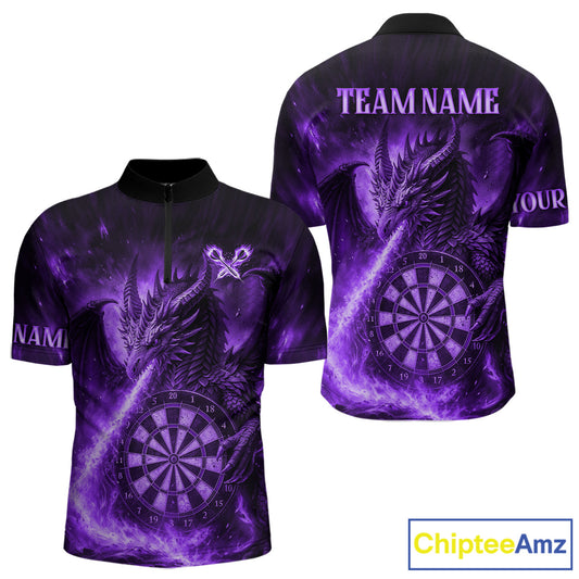 Purple Flaming Dragon Darts Jersey For Men Custom Polo & Quarter Zip Darts League Team Shirt TDM4556