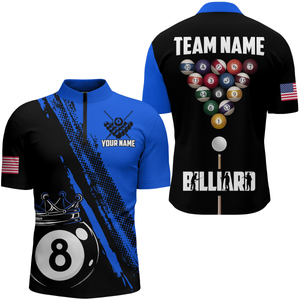 Personalized 8 Ball Pool Crown Billiard Jerseys Polo & 1/4 Zip For Men, Billiard Team Shirts| Blue TDM2992