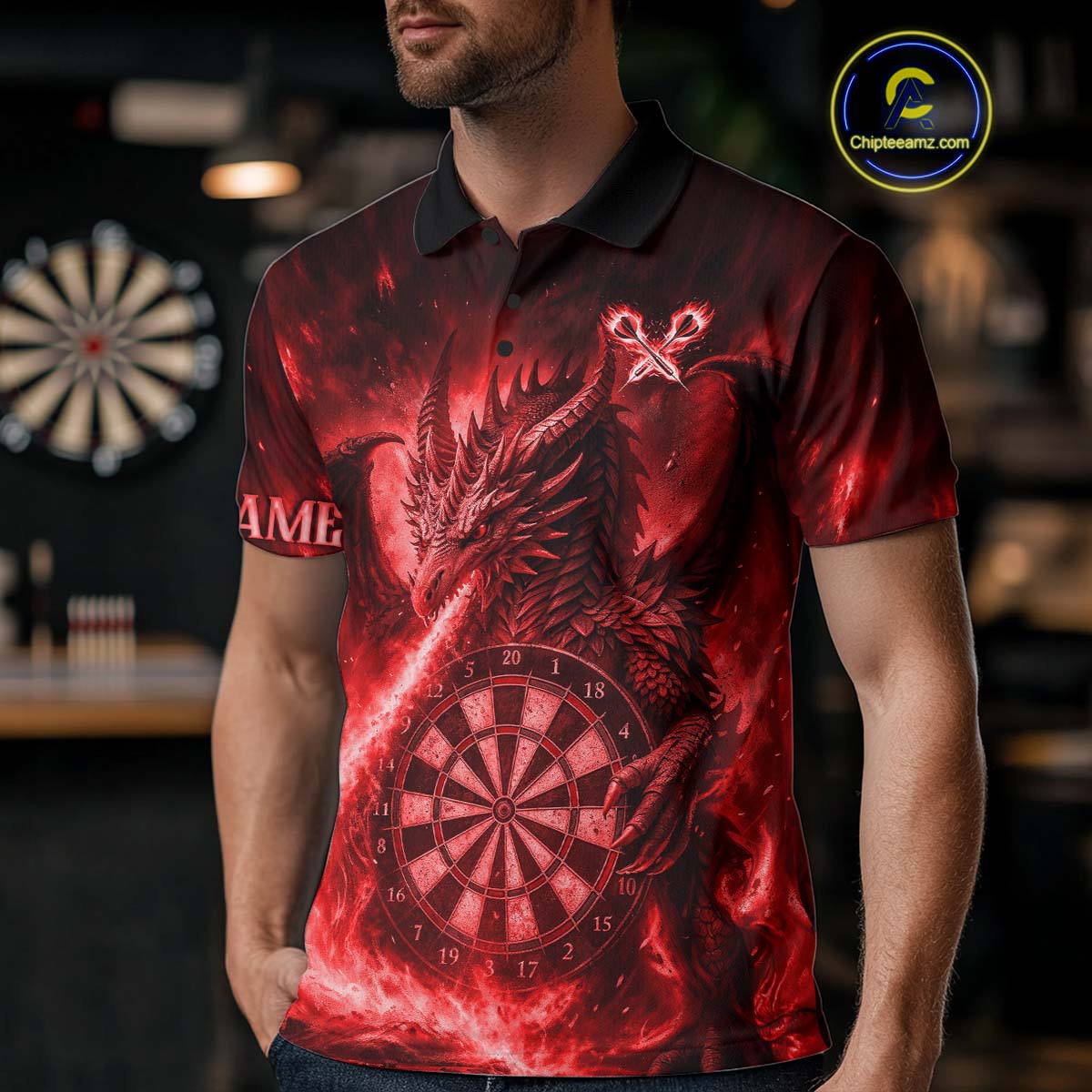 Red Flaming Dragon Darts Jersey For Men Custom Polo & Quarter Zip Darts League Team Shirt TDM4586