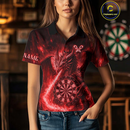 Red Flaming Dragon Darts Jersey For Women Custom Polo & Quarter Zip Darts League Team Shirt TDM4586
