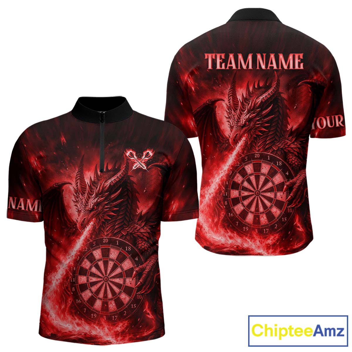 Red Flaming Dragon Darts Jersey For Men Custom Polo & Quarter Zip Darts League Team Shirt TDM4586