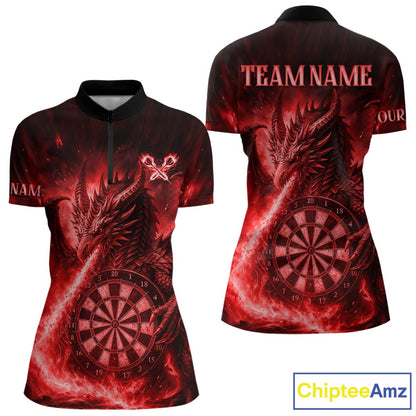 Red Flaming Dragon Darts Jersey For Women Custom Polo & Quarter Zip Darts League Team Shirt TDM4586