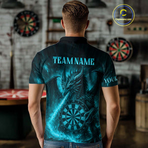 Turquoise Flaming Dragon Darts Jersey For Men Custom Polo & Quarter Zip Darts League Team Shirt TDM4587