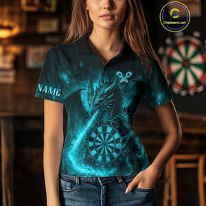 Turquoise Flaming Dragon Darts Jersey For Women Custom Polo & Quarter Zip Darts League Team Shirt TDM4587