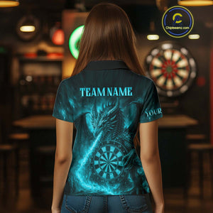 Turquoise Flaming Dragon Darts Jersey For Women Custom Polo & Quarter Zip Darts League Team Shirt TDM4587