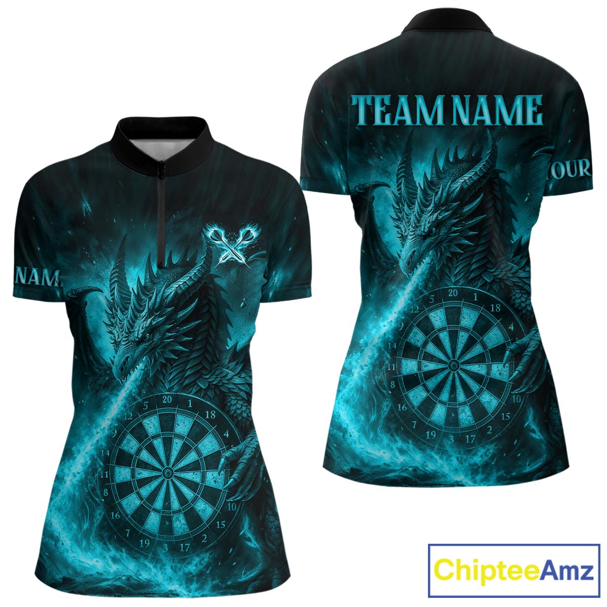 Turquoise Flaming Dragon Darts Jersey For Women Custom Polo & Quarter Zip Darts League Team Shirt TDM4587