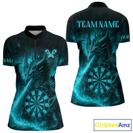 Turquoise Flaming Dragon Darts Jersey For Women Custom Polo & Quarter Zip Darts League Team Shirt TDM4587