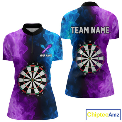 Blue And Purple Custom Fire Darts Shirt For Women, Personalized Darts Team Jersey Polo & 1/4 Zip TDM4207