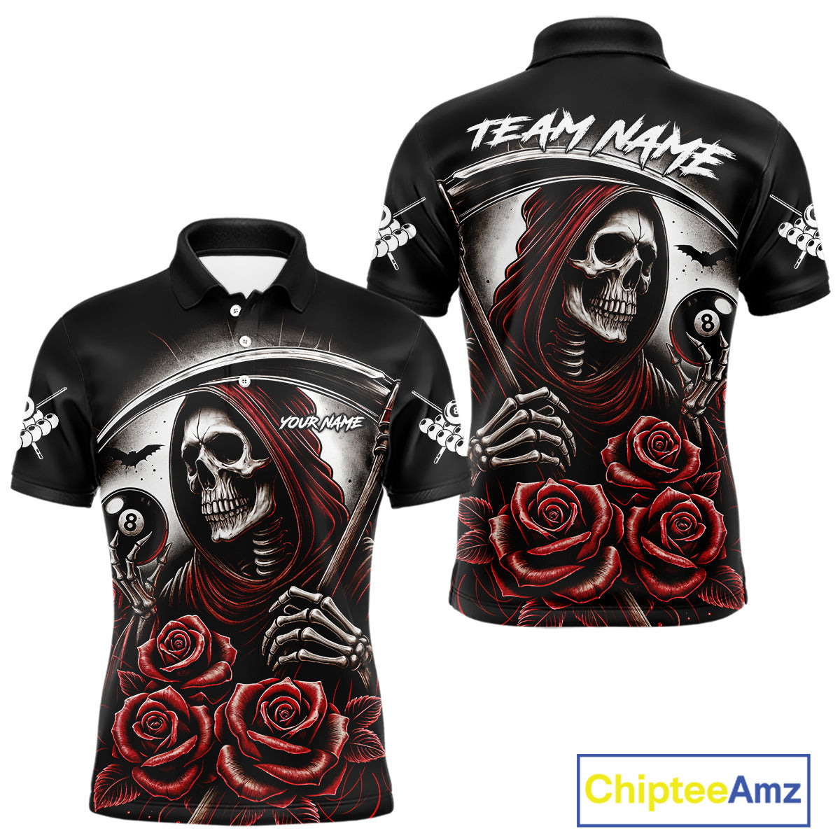 Grim Reaper 8 Ball Pool Roses Billiard Shirt For Men Custom Funny Pool Team Shirt Design |Red TDM4235
