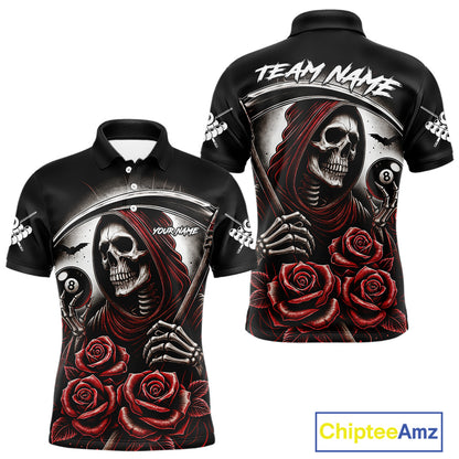 Grim Reaper 8 Ball Pool Roses Billiard Shirt For Men Custom Funny Pool Team Shirt Design |Red TDM4235