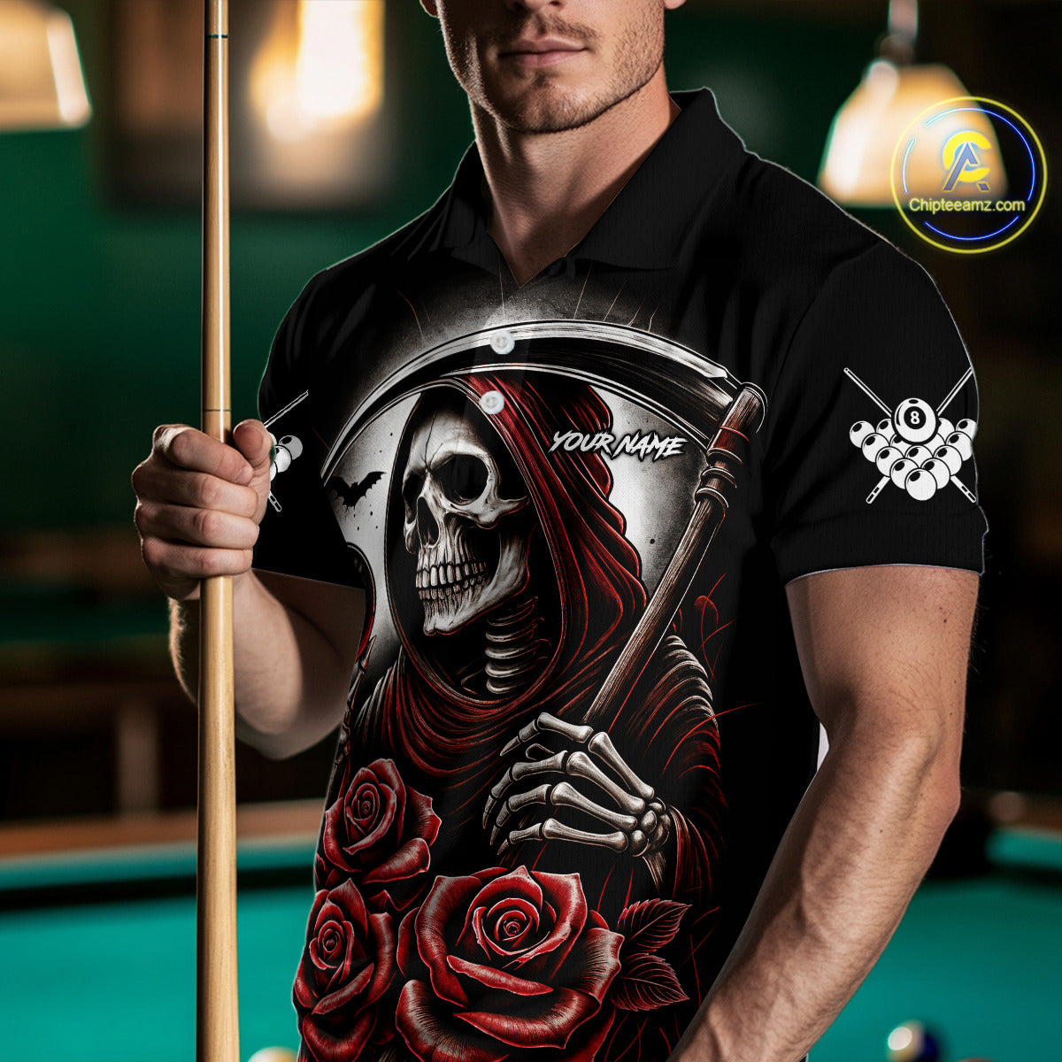 Grim Reaper 8 Ball Pool Roses Billiard Shirt For Men Custom Funny Pool Team Shirt Design |Red TDM4235