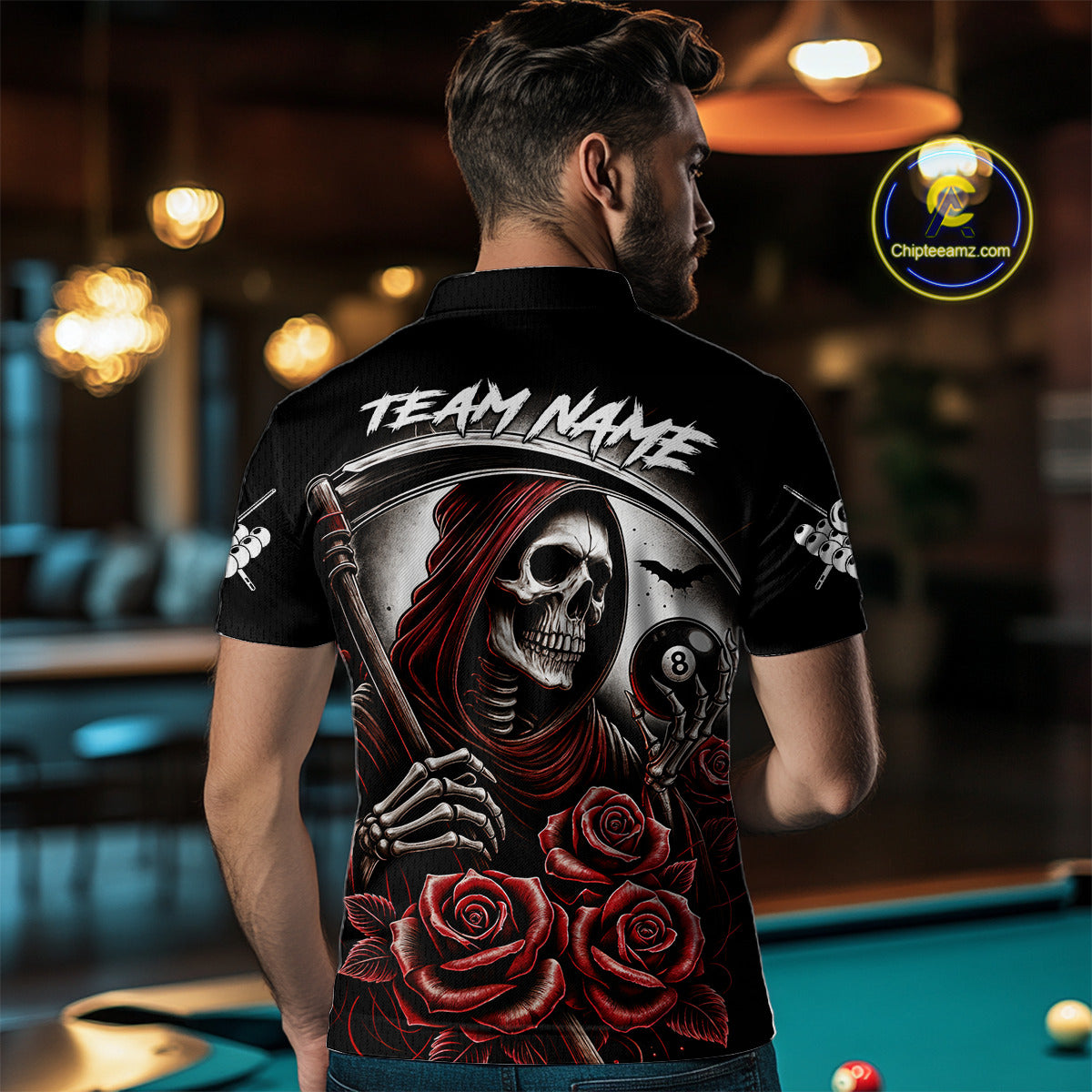 Grim Reaper 8 Ball Pool Roses Billiard Shirt For Men Custom Funny Pool Team Shirt Design |Red TDM4235