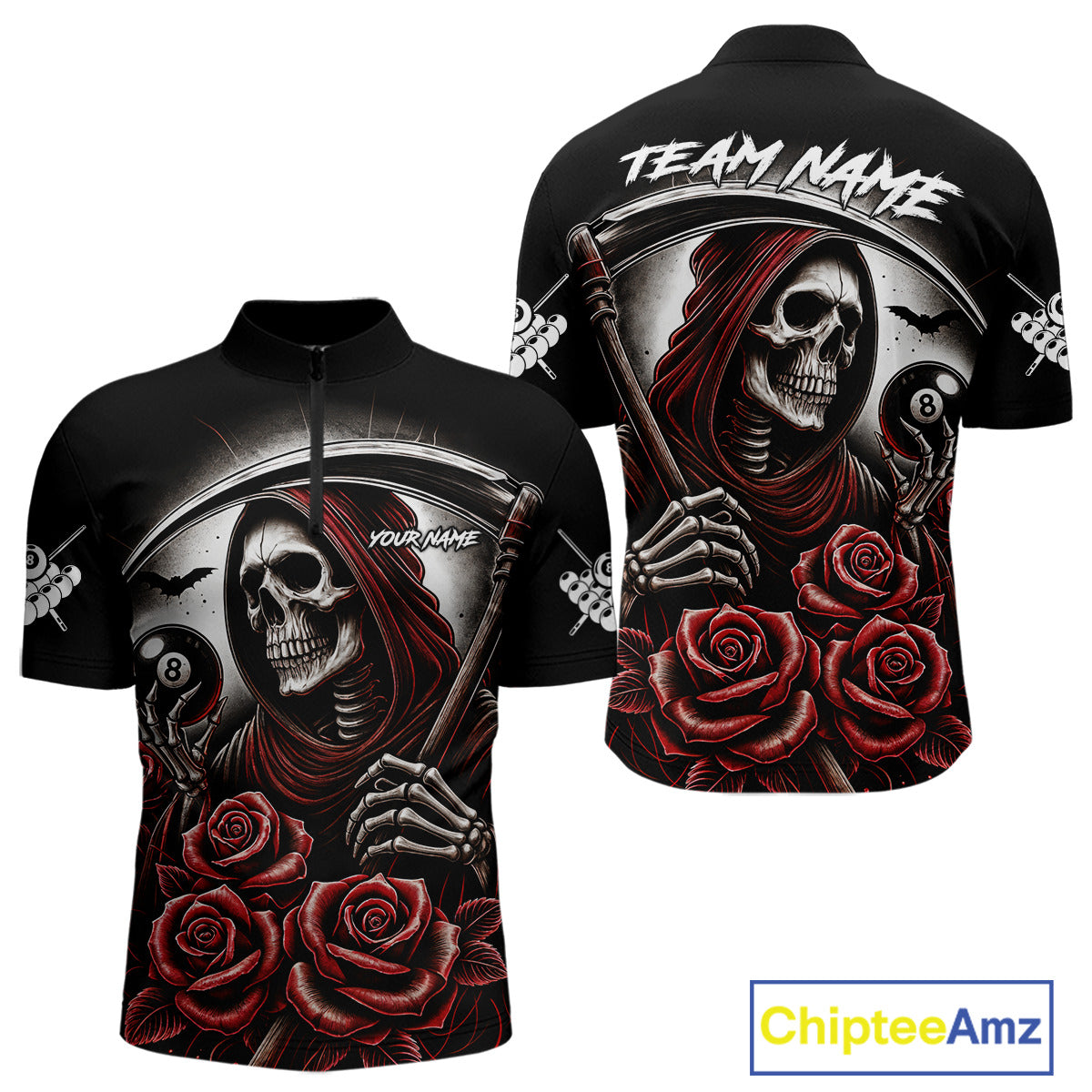 Grim Reaper 8 Ball Pool Roses Billiard Shirt For Men Custom Funny Pool Team Shirt Design |Red TDM4235
