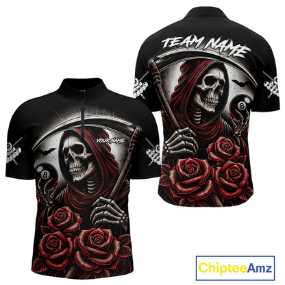 Grim Reaper 8 Ball Pool Roses Billiard Shirt For Men Custom Funny Pool Team Shirt Design |Red TDM4235