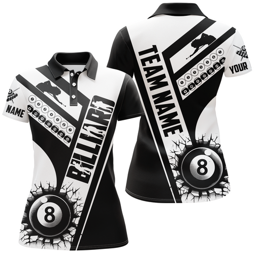 Custom Black White Cracky Billiard 8 Ball Pool Women Polo Shirts, Unique Pool Balls Shirts For Team TDM0954