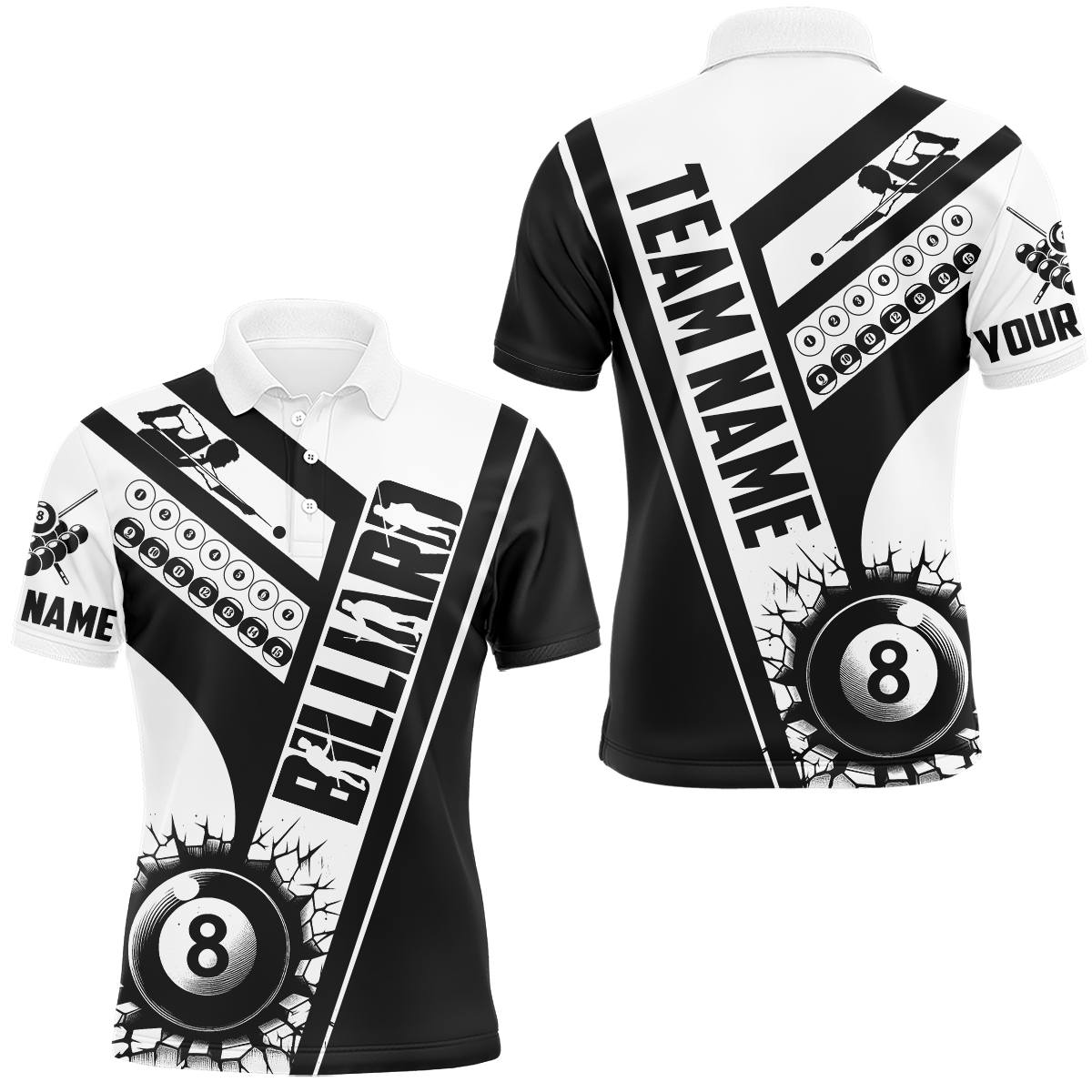 Custom Black White Cracky Billiard 8 Ball Pool Men Polo Shirts, Unique Pool Balls Shirts For Team TDM0954
