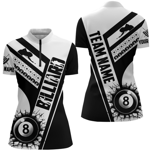 Custom Black White Cracky Billiard 8 Ball Pool Women Quarter-Zip, Unique Pool Balls Shirts TDM0954