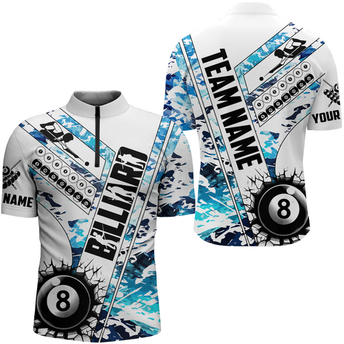 Cracky Billiard 8 Ball Pool Camo Blue Men Quarter-Zip Custom Team League Billiard Shirts TDM0950