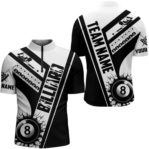 Custom Black White Cracky Billiard 8 Ball Pool Men Quarter-Zip, Unique Pool Balls Shirts TDM0954