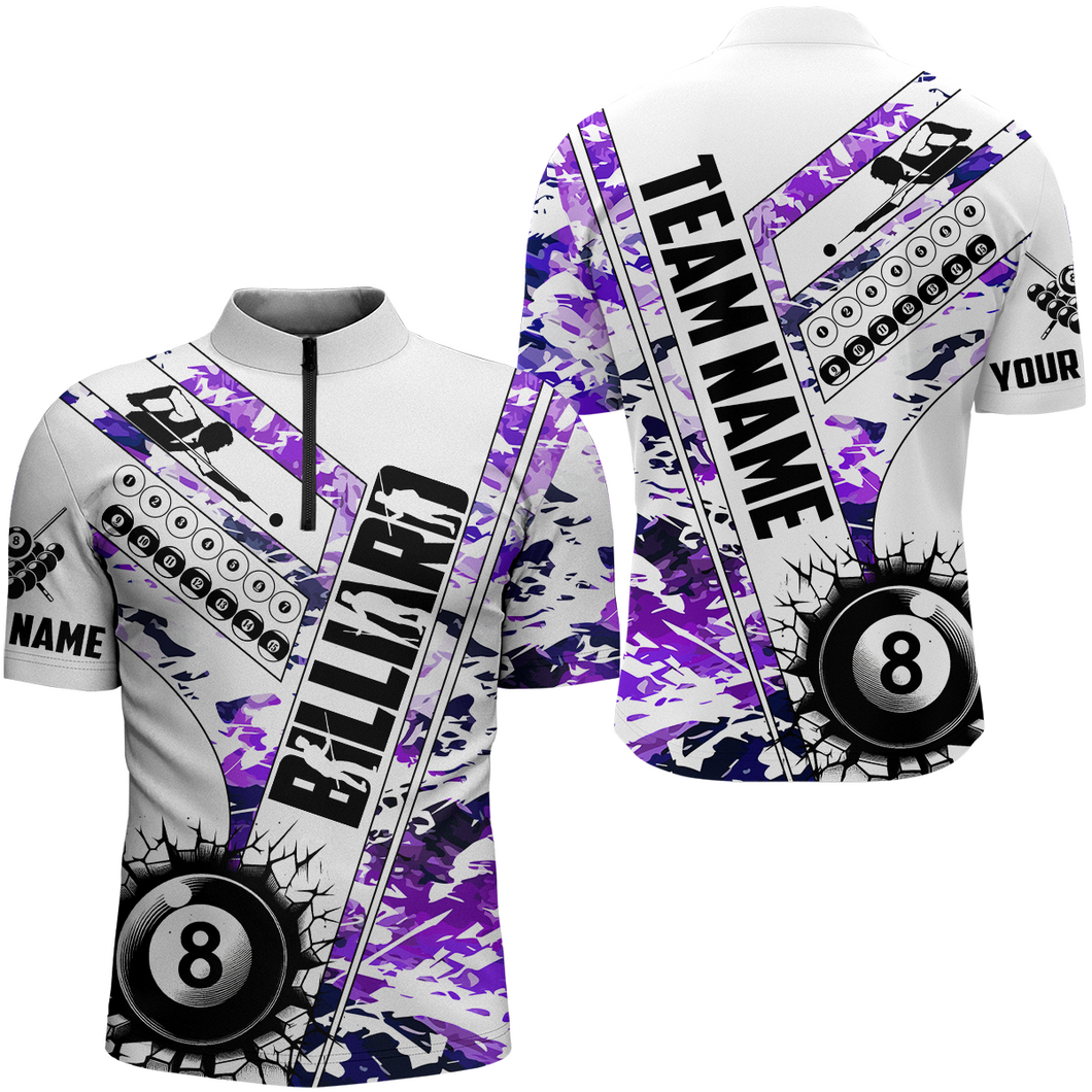 Cracky Billiard 8 Ball Pool Camo Purple Men Quarter-Zip Custom Team League Billiard Shirt TDM0952
