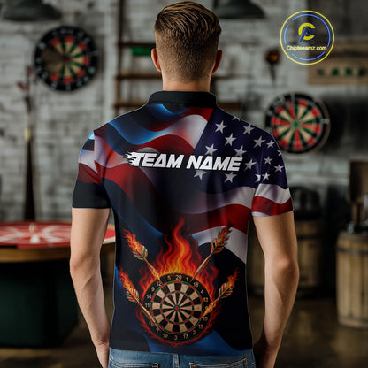Personalized Flaming Dartboard American Flag Darts Shirt For Men Custom Patriotic Dart Team Jersey TDM4682