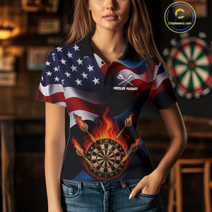Personalized Flaming Dartboard American Flag Darts Shirt For Women Custom Patriotic Dart Team Jersey TDM4682