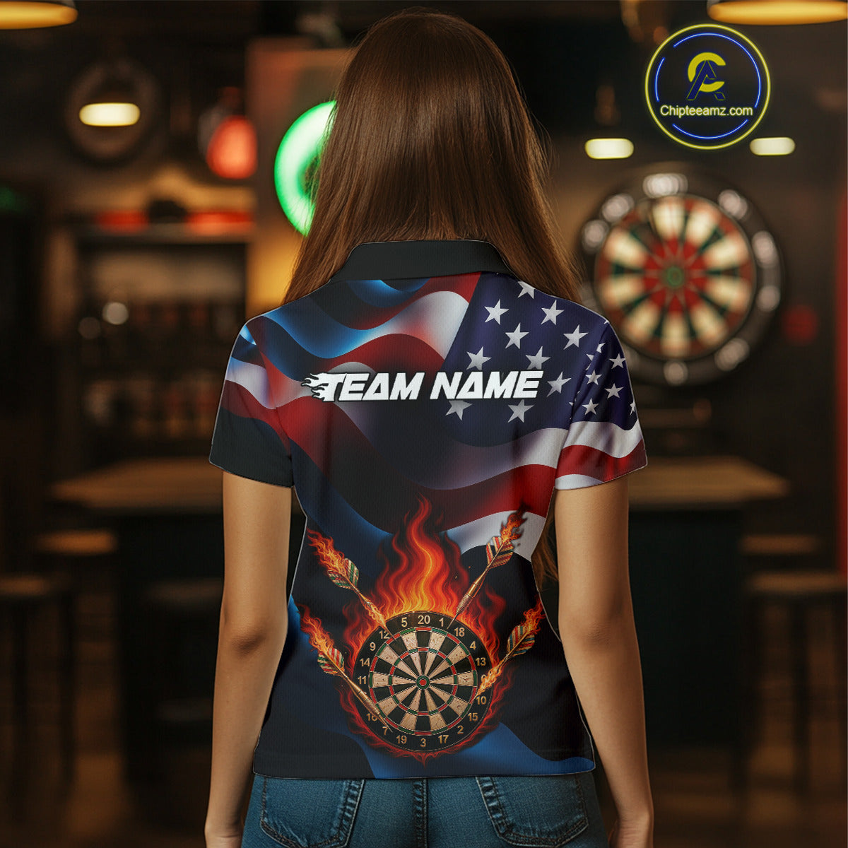 Personalized Flaming Dartboard American Flag Darts Shirt For Women Custom Patriotic Dart Team Jersey TDM4682