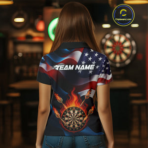 Personalized Flaming Dartboard American Flag Darts Shirt For Women Custom Patriotic Dart Team Jersey TDM4682