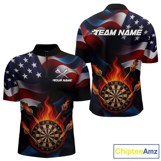 Personalized Flaming Dartboard American Flag Darts Shirt For Men Custom Patriotic Dart Team Jersey TDM4682