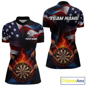 Personalized Flaming Dartboard American Flag Darts Shirt For Women Custom Patriotic Dart Team Jersey TDM4682