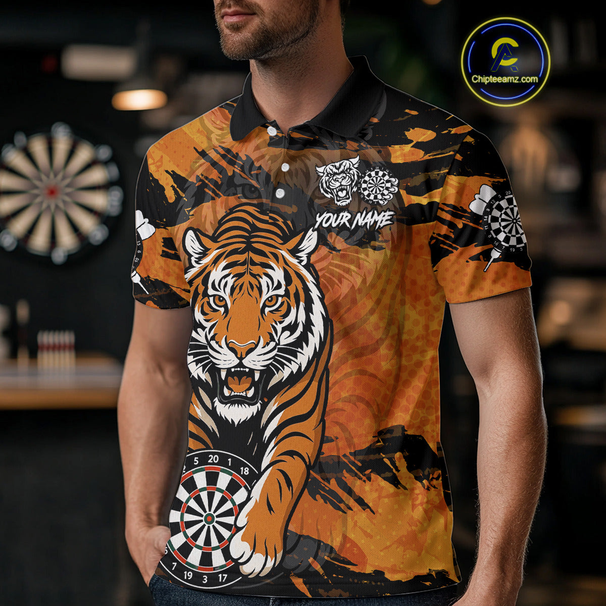 Personalized Black And Orange Tiger Darts Shirt For Men Custom Darts Jersey Team Polo & 1/4 Zip TDM4275