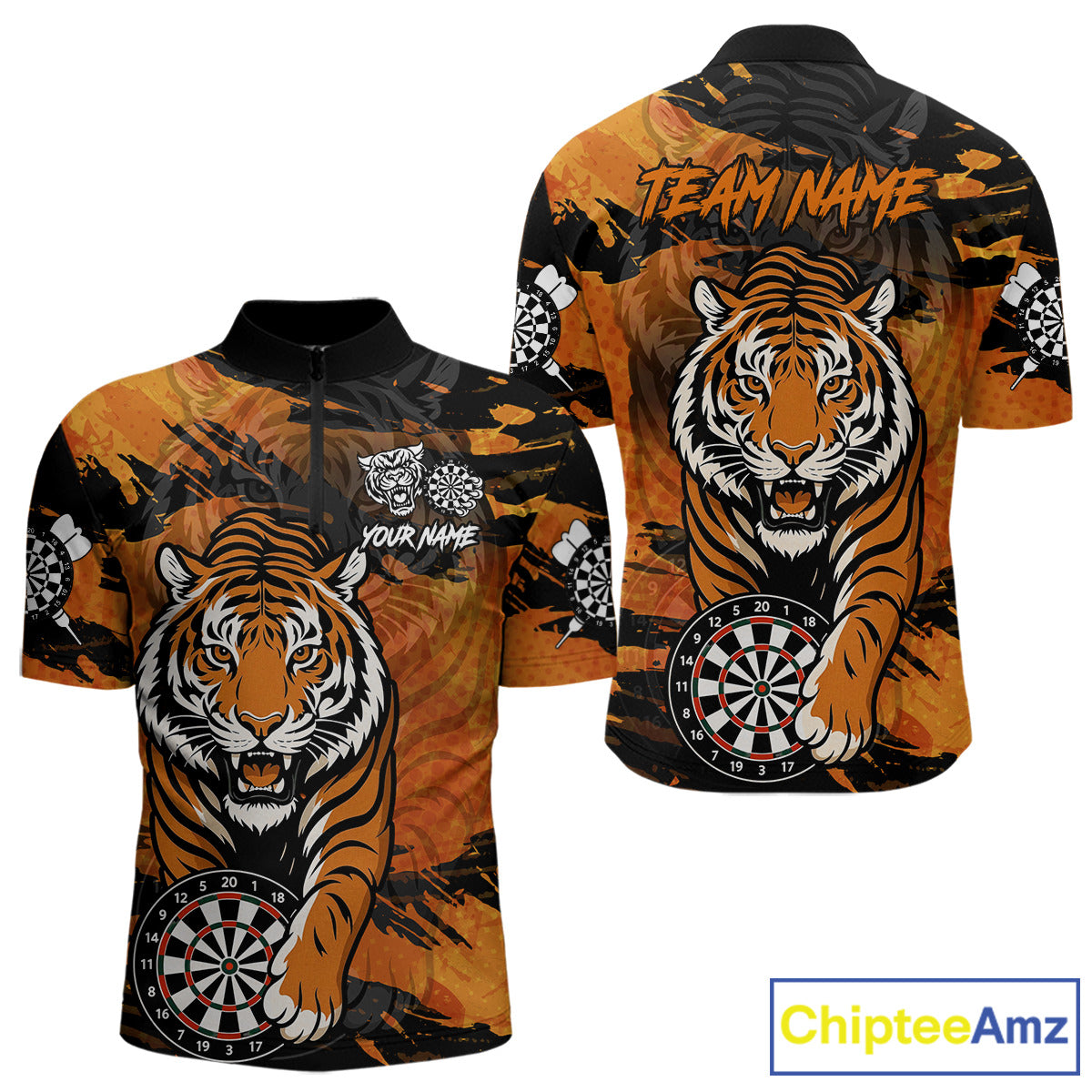 Personalized Black And Orange Tiger Darts Shirt For Men Custom Darts Jersey Team Polo & 1/4 Zip TDM4275