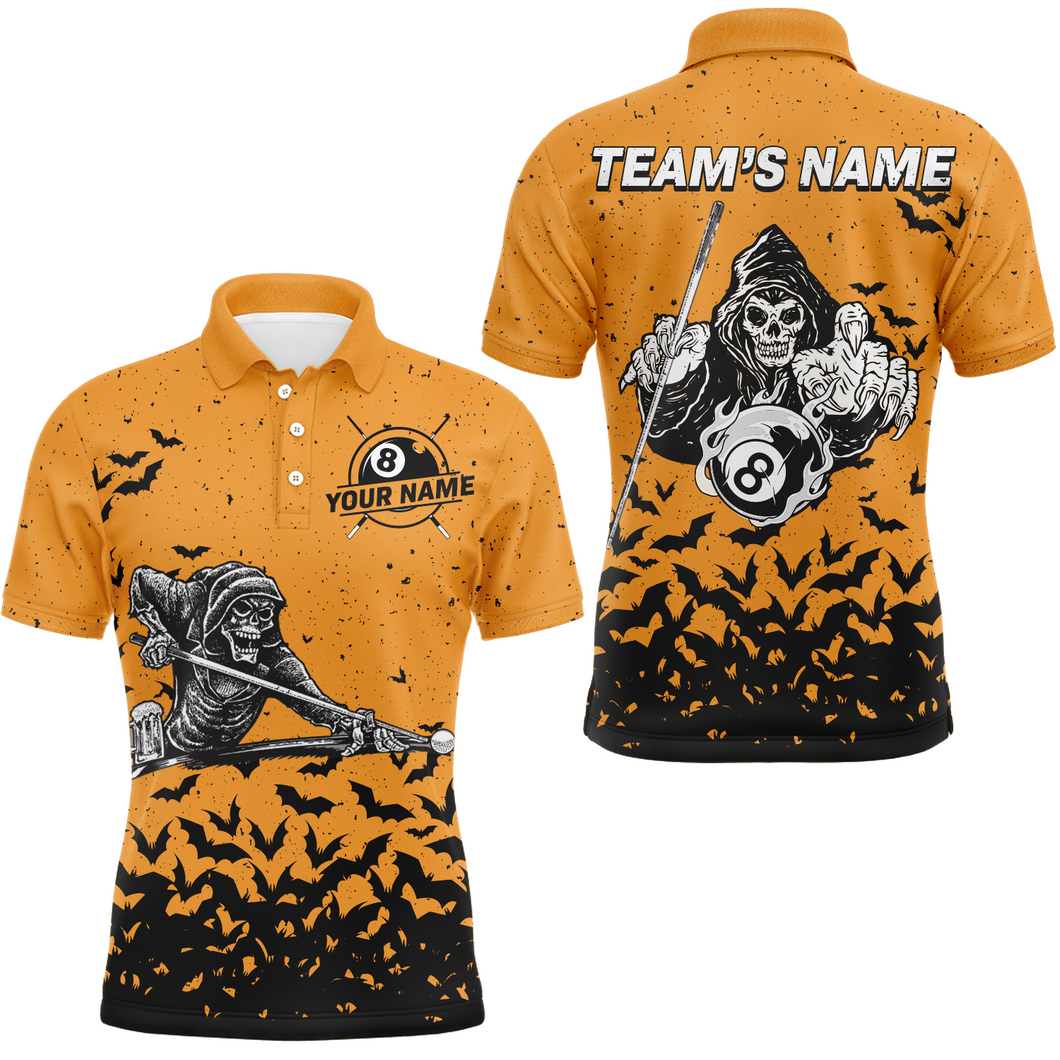 Custom Name Orange Skeleton Billiard Polo Shirts For Men Best Halloween Billiard Gifts For Player TDM0264
