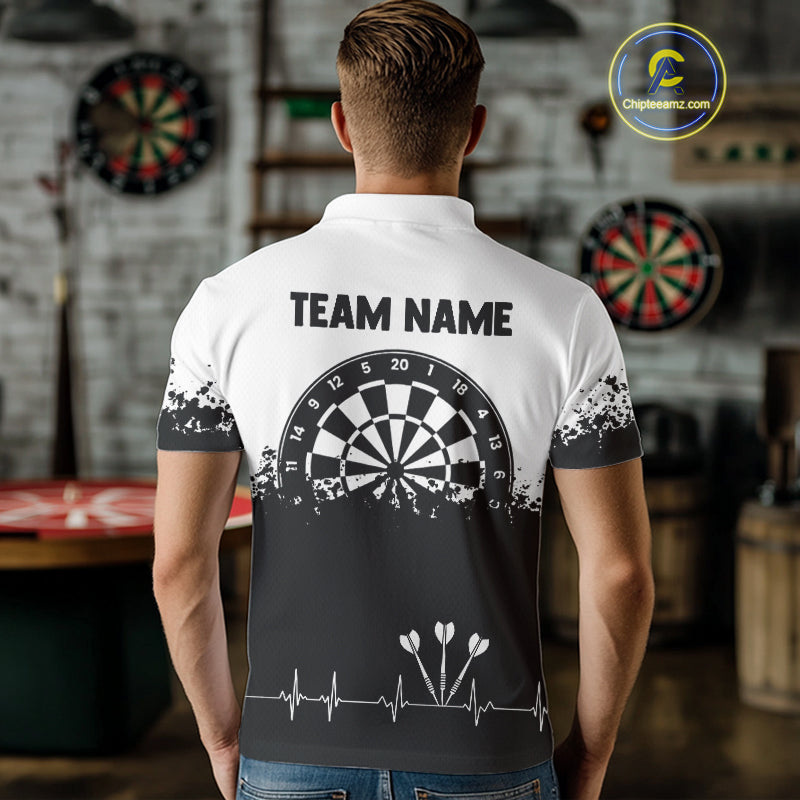 Personalized White Black Heartbeat Darts Shirt For Men Custom Grunge Darts Jersey Polo & 1/4 Zip TDM4530