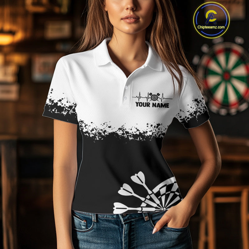 Personalized White Black Heartbeat Darts Shirt For Women Custom Grunge Darts Jersey Polo & 1/4 Zip TDM4530
