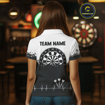 Personalized White Black Heartbeat Darts Shirt For Women Custom Grunge Darts Jersey Polo & 1/4 Zip TDM4530
