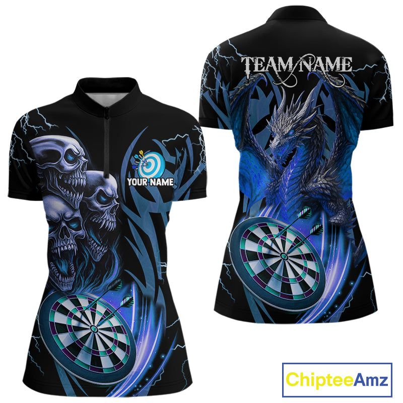 Personalized Skull & Dragon Darts Shirt For Women Custom Lightning Dartboard Team Jersey |Blue TDM4536